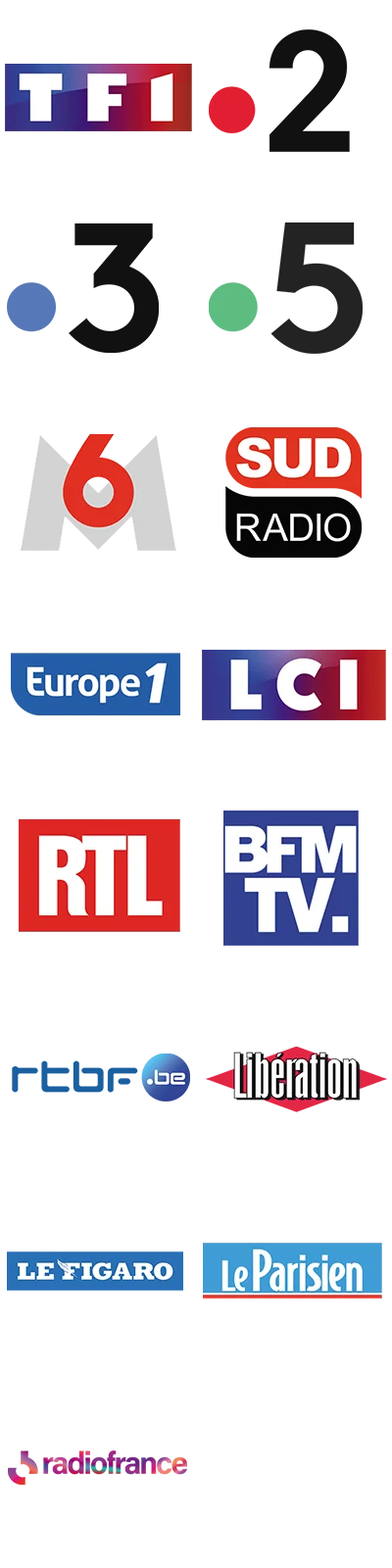 TF1, France 2, France 3, France 5, M6, Sud Radio, Europe 1, LCI, RTL, BFM TV, RTBF, Libération, Le Figaro, Le Parisien, Radio France