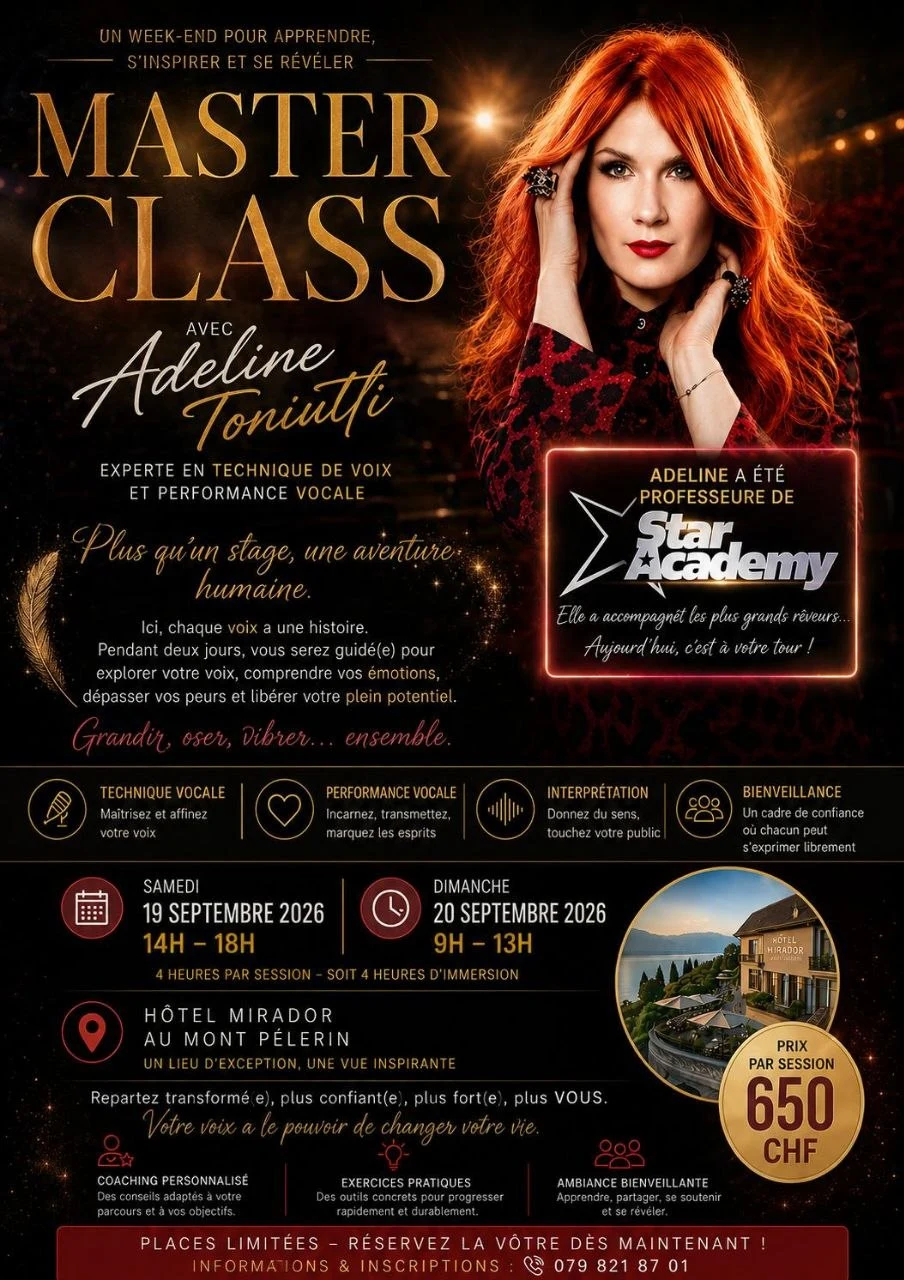 Affiche de la masterclass d'Adeline Toniutti en Suisse, les 19 et 20 septembre 2026 à l'Hôtel Mirador au Mont-Pèlerin
