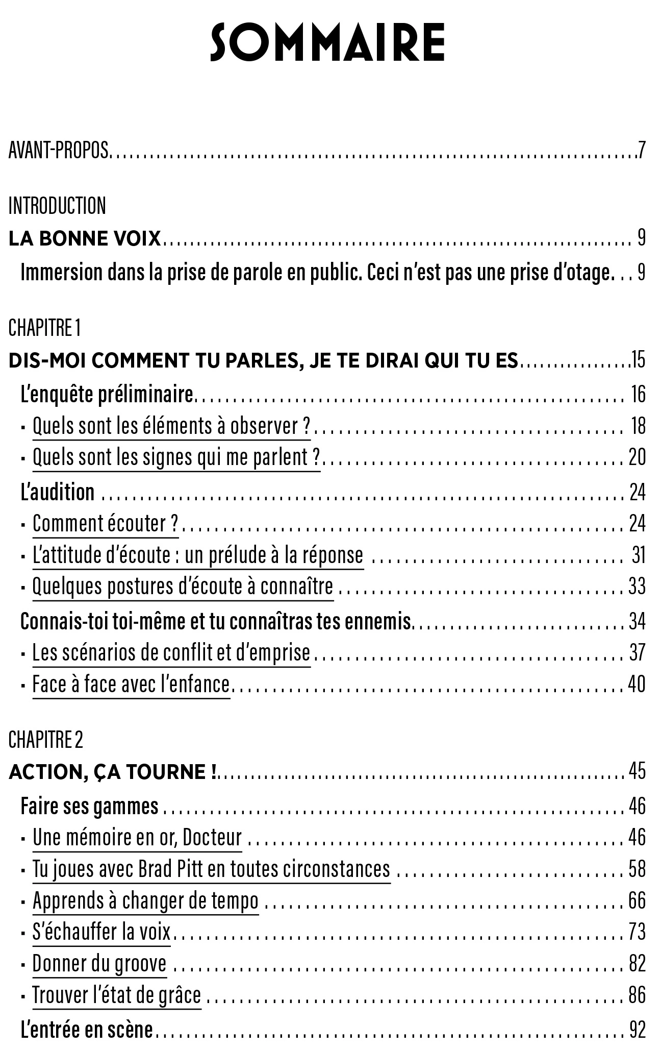 Sommaire — Avant-Propos, Chapitre 1 : Dis-moi comment tu parles, Chapitre 2 : Action, ça tourne !